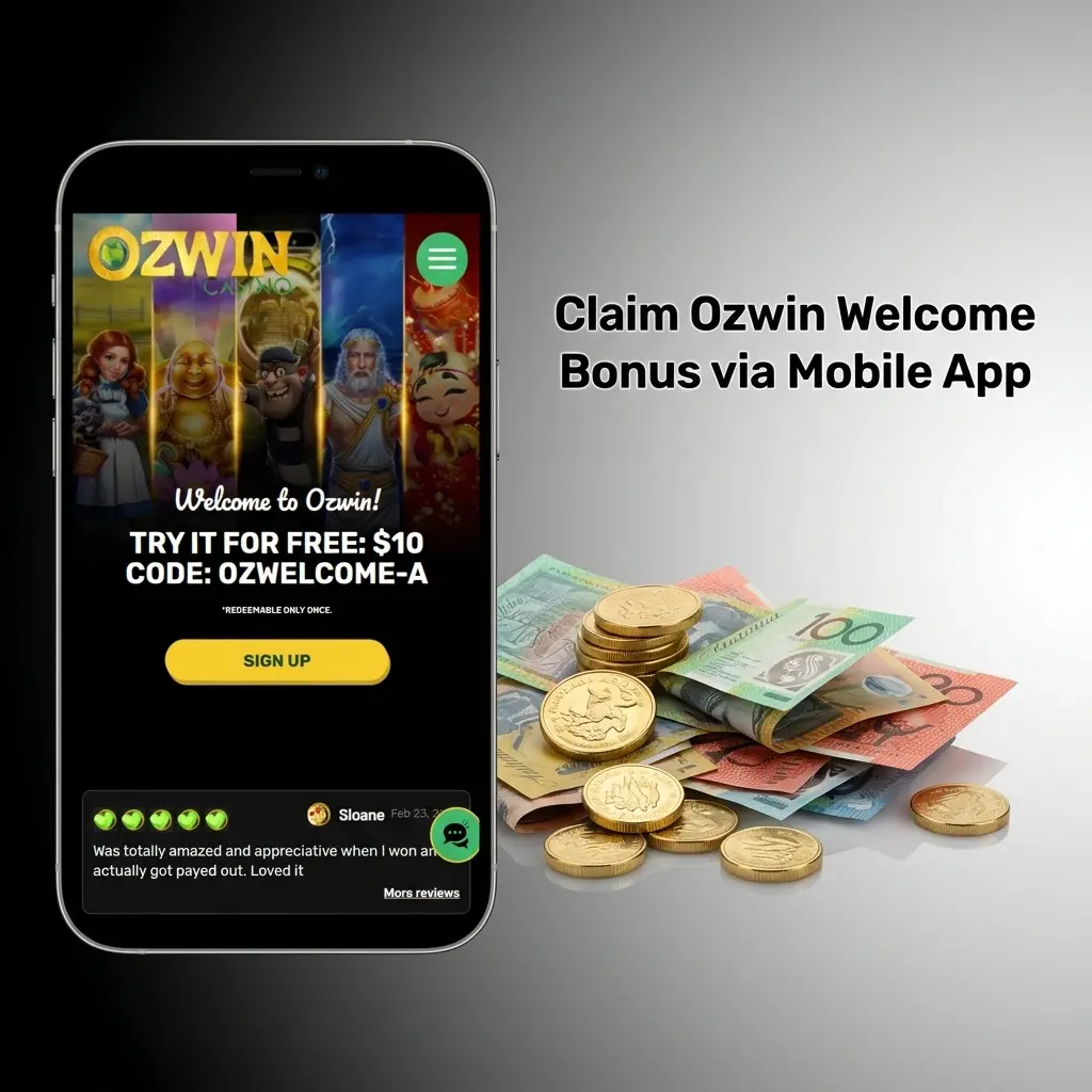 Ozwin mobile app welcome bonus screen