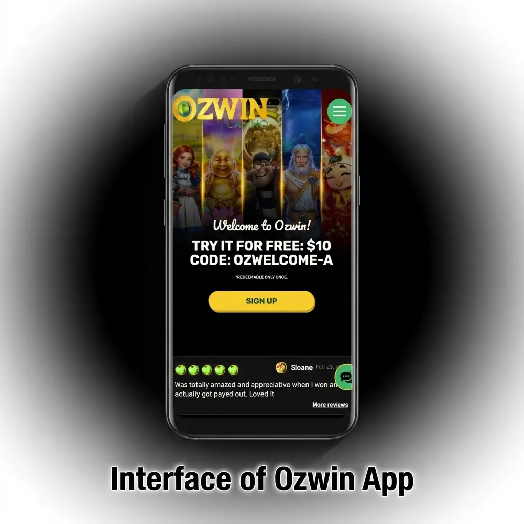 Ozwin app dark themed interface with gold accents